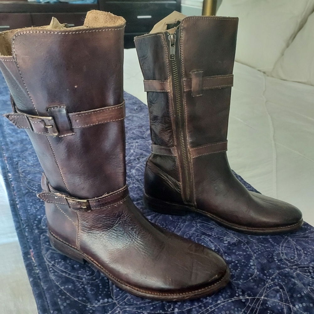 EUC Gorgeous Bed Stu Cobbler Turn Leather Buckle Boots, Mid Shaft Height, 8.5